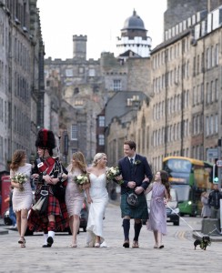 Bagpiper, bridesmaids, groom, dog, wedding, edinburgh